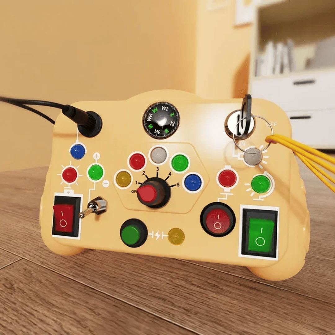 Yellow activity board with colorful buttons, a rotary dial, key, and rocker switches