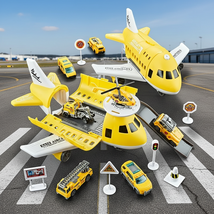 Yellow airplane play set in open and closed configurations with vehicles, a helicopter, and road signs
