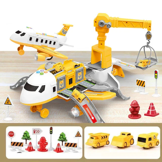 Yellow airplane playset shown open with a crane, vehicle ramps, cars, and traffic accessories.