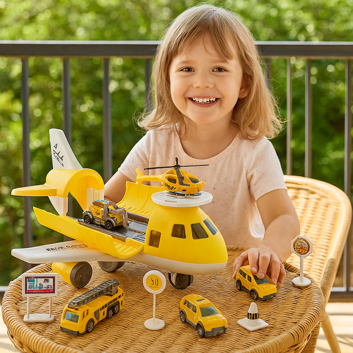 Child playing outdoors with a yellow toy airplane, helicopter, vehicles, and road signs