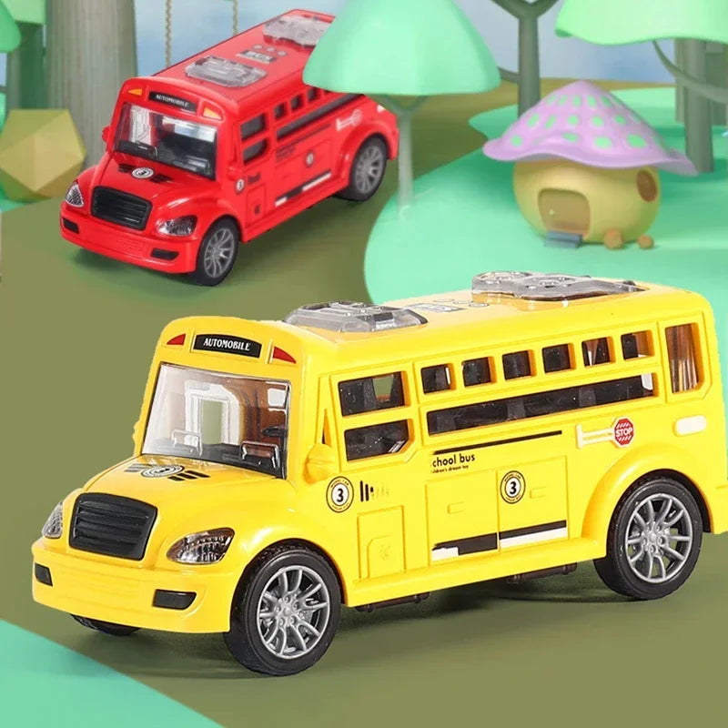 Yellow and red toy buses arranged beside miniature trees and a mushroom house