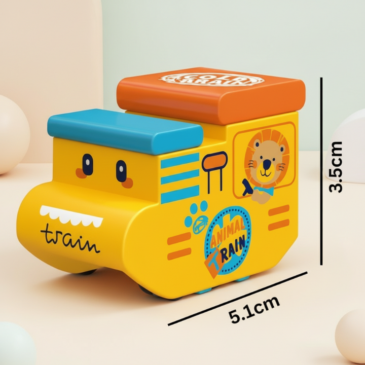 Yellow extra train car with animal graphics, labeled 5.1 cm long and 3.5 cm tall