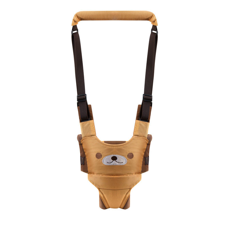 Yellow walking harness with an animal face, brown straps, and a padded handle