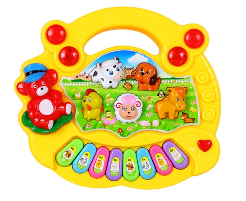 Yellow animal toy piano with a carrying handle, animal-shaped buttons, and colorful keys.