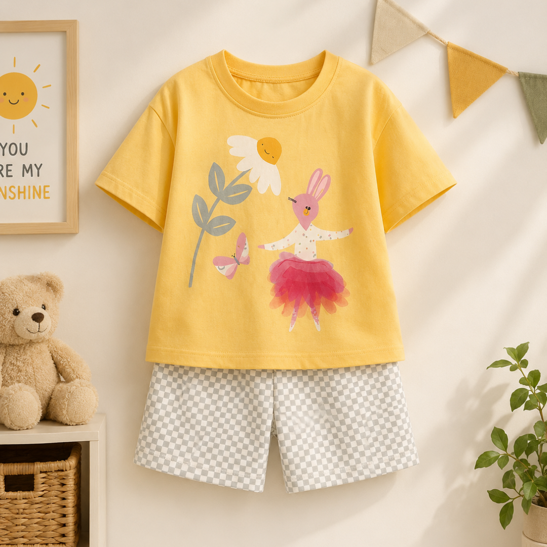 Yellow ballerina-bunny T-shirt with gray-and-white checkered shorts