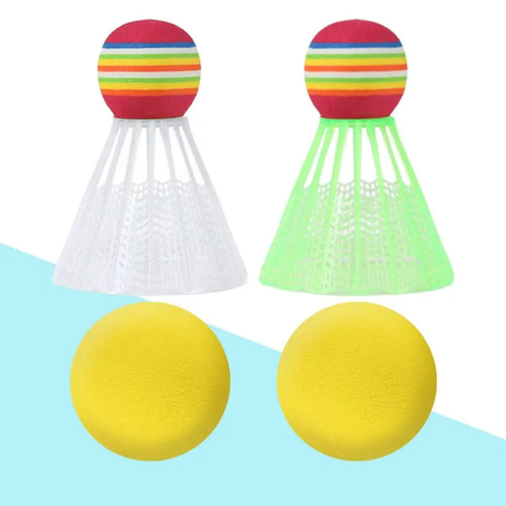 Two yellow balls with white and green shuttlecocks topped by striped tips