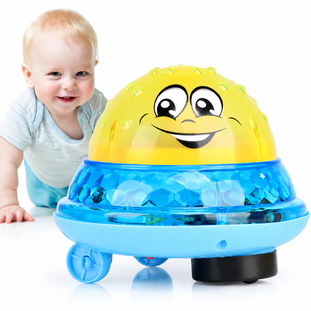 Yellow smiling bath ball on a blue wheeled base beside a child