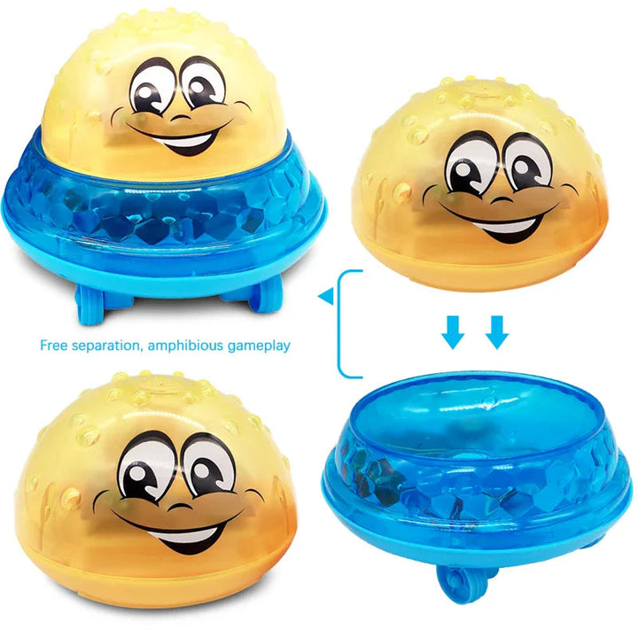 Yellow bath ball shown on and off its detachable blue wheeled base