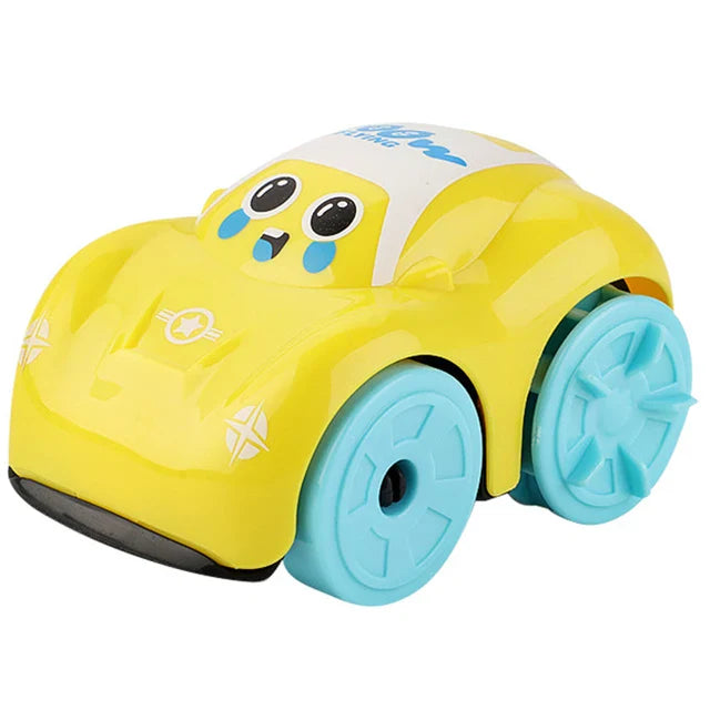 Yellow car bath toy with blue wheels and a cartoon face on the windshield.