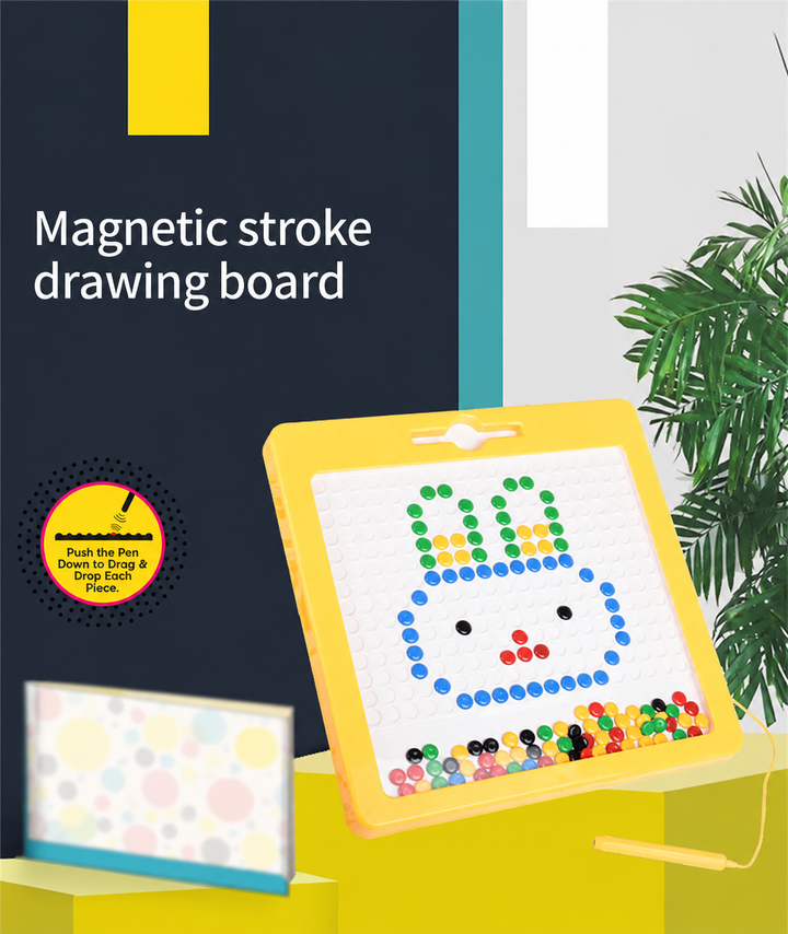 Yellow magnetic drawing board displaying a colorful rabbit design