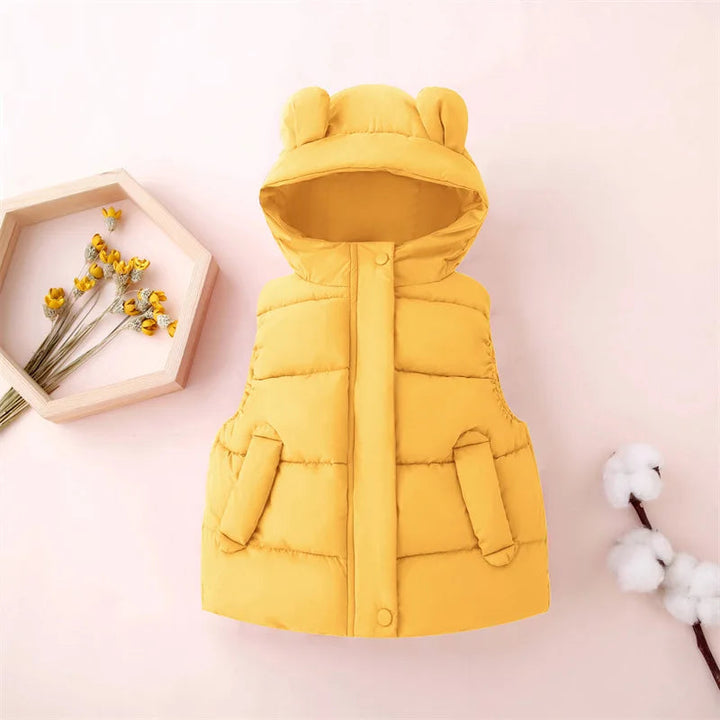 Yellow puffer vest with a bear-ear hood and two front pockets