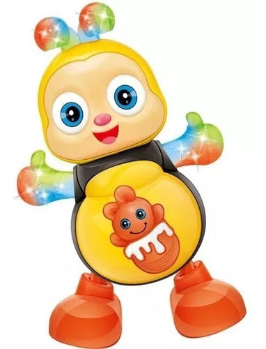 Yellow bee toy with colorful translucent arms, antennae, and orange feet