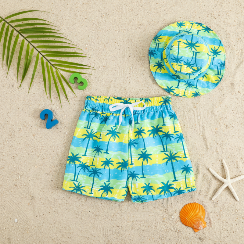 Yellow and blue palm-tree swim trunks with a matching bucket hat