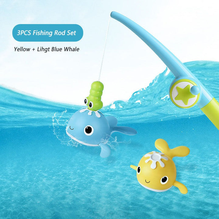 Magnetic fishing rod catching a light blue whale beside a yellow whale in the three-piece light set.