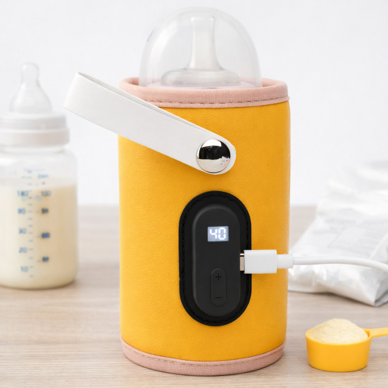 Yellow bottle warmer with a digital display reading 40, white carry strap, and USB cable.