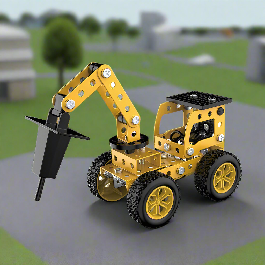 Yellow metal construction vehicle model with a black breaker attachment and four wheels