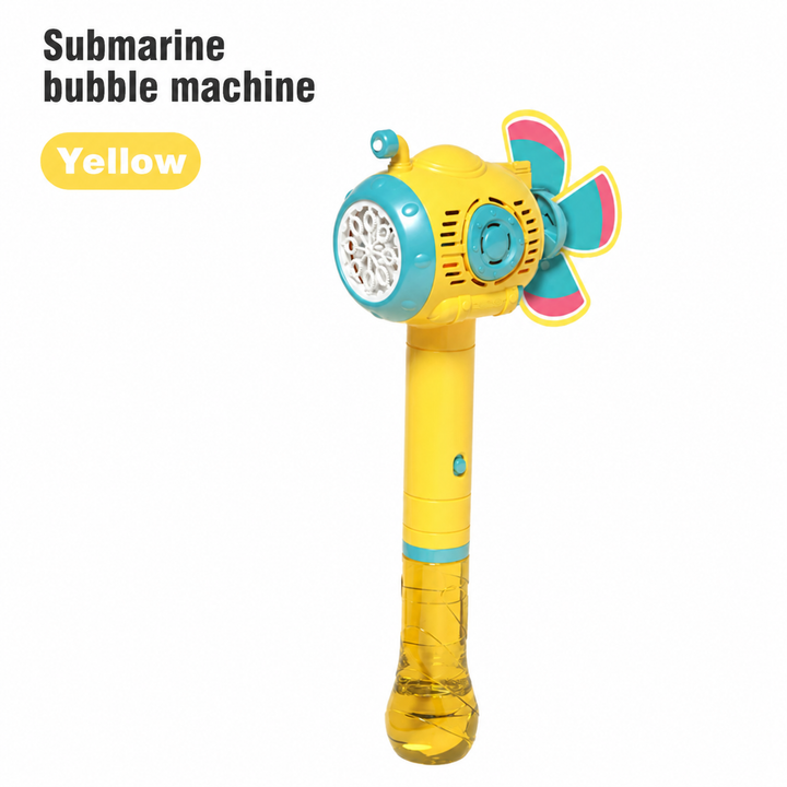 Full view of the yellow submarine-style bubble blower with a long handle and clear yellow reservoir.