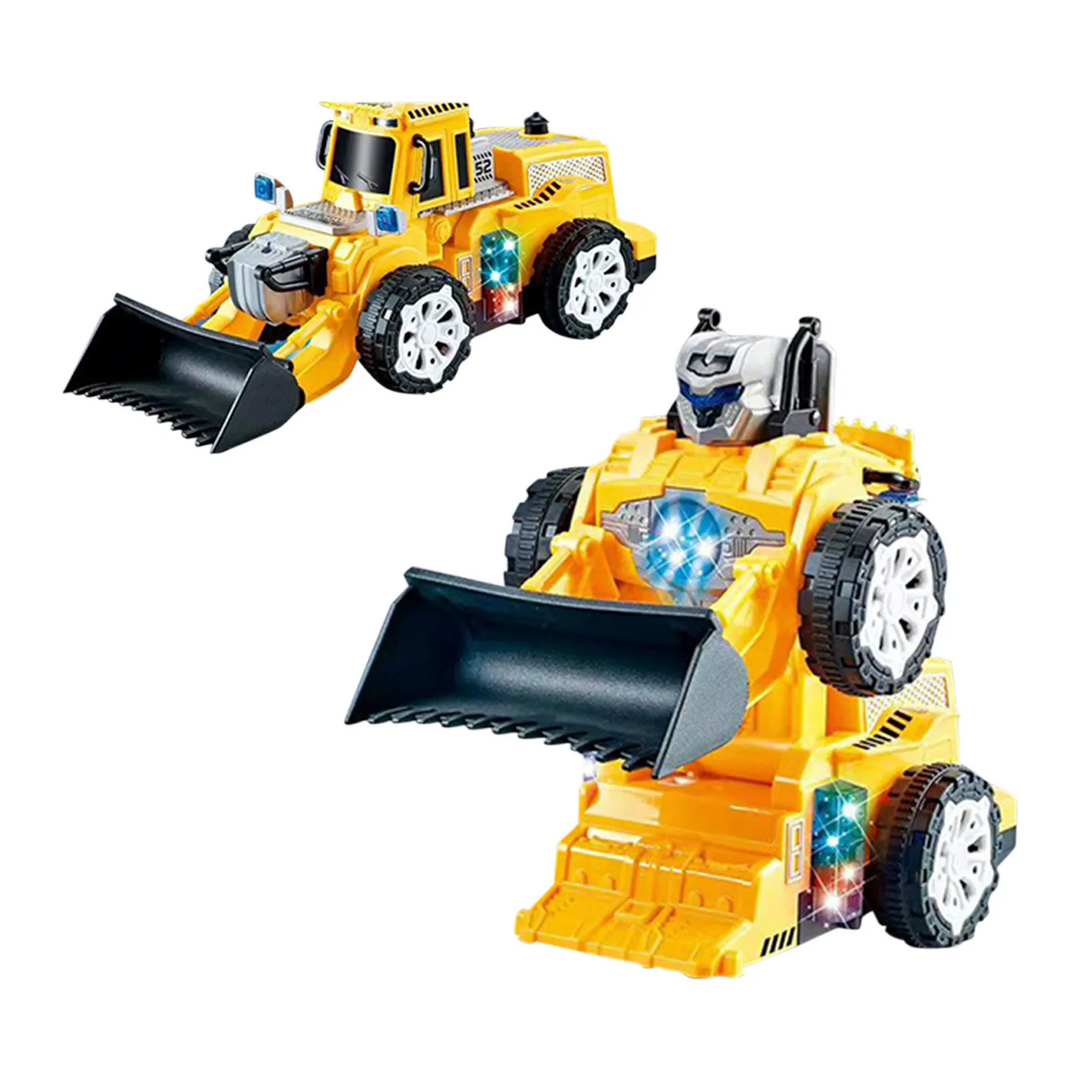 Yellow bulldozer toy with a black scoop shown in vehicle and robot forms
