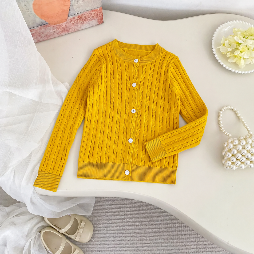 Yellow cable-knit cardigan with front buttons and ribbed edges