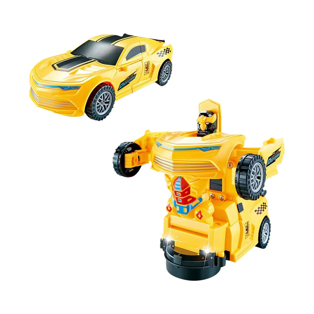 Yellow transforming car with black windows shown beside its robot form