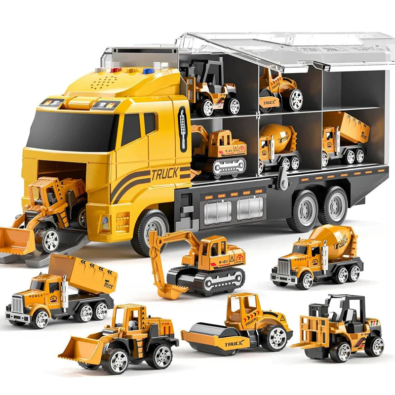 Yellow toy vehicle carrier with side compartments and small construction vehicles.