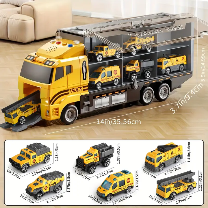 Size diagram of the yellow toy vehicle carrier and its smaller vehicles.