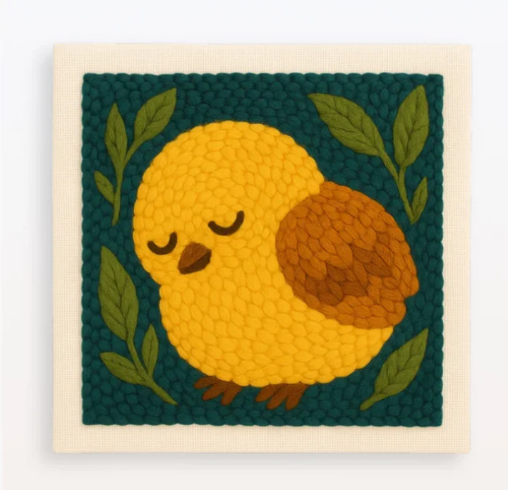 Yellow chick embroidery with green leaves on a dark teal background.