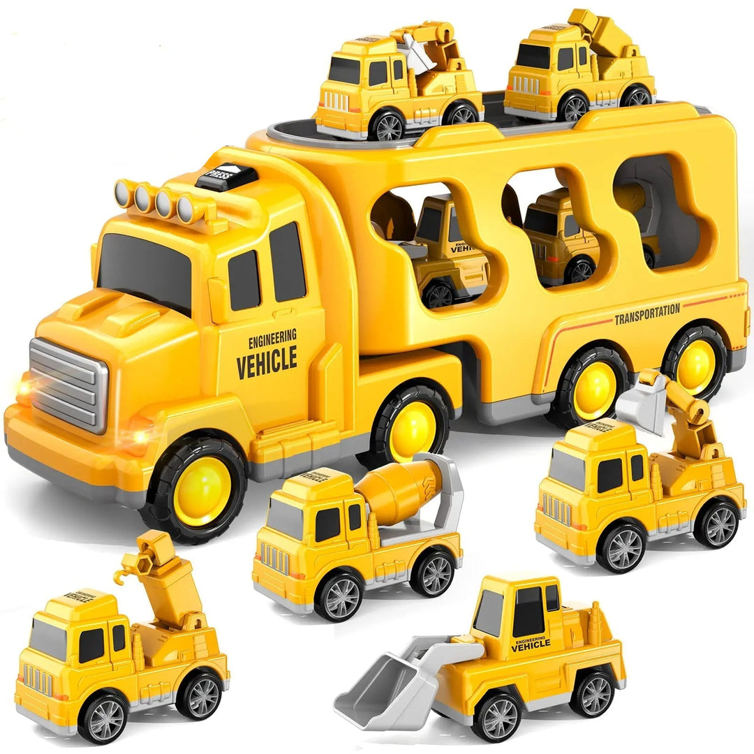 Yellow toy carrier displayed with a crane, excavator, cement mixer, and front loader