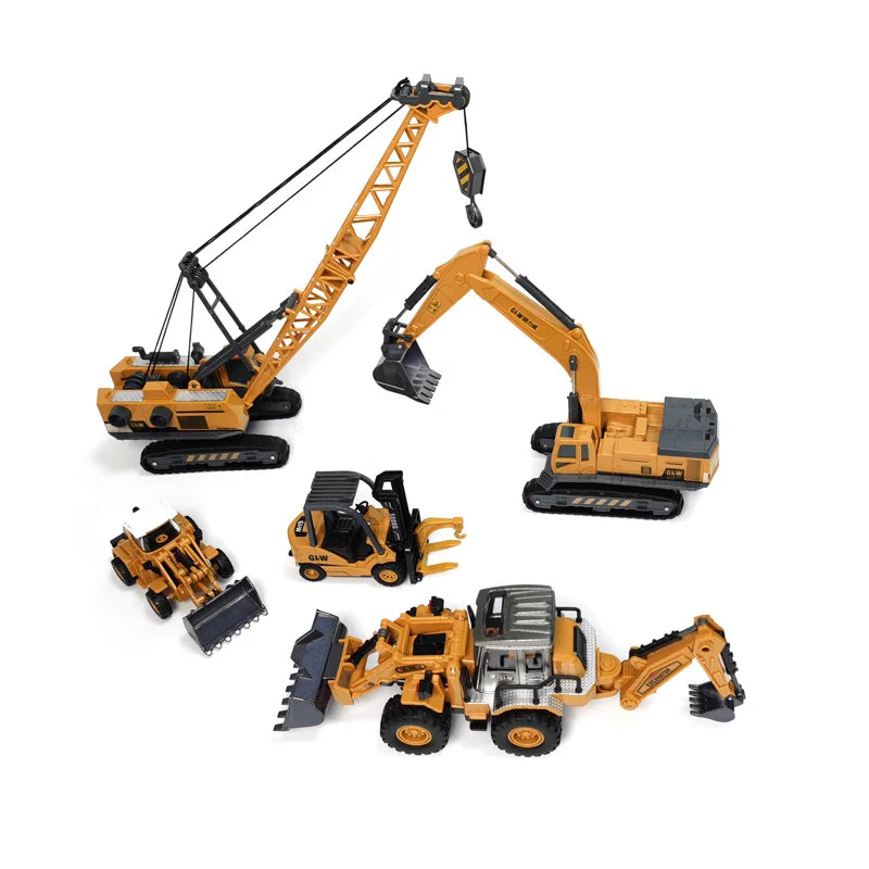 Yellow construction toys including a crawler crane, excavator, forklift and loaders