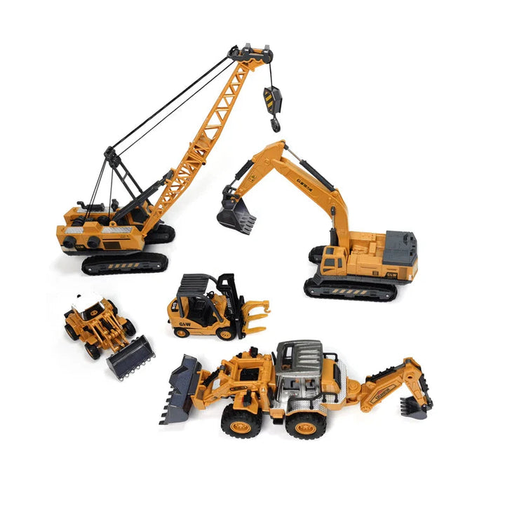Yellow construction toys including a crawler crane, excavator, forklift and loaders