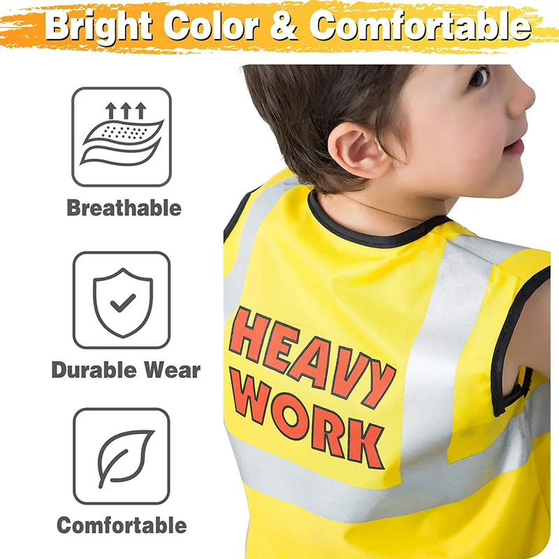 Back view of a child wearing a yellow construction dress-up vest with silver-colored bands.