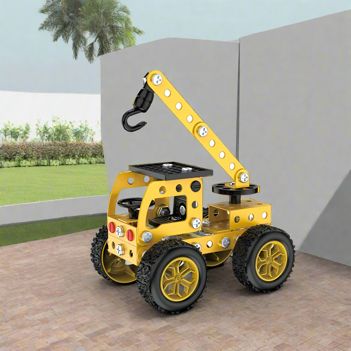 Yellow metal crane truck model with an extended lifting arm and black hook