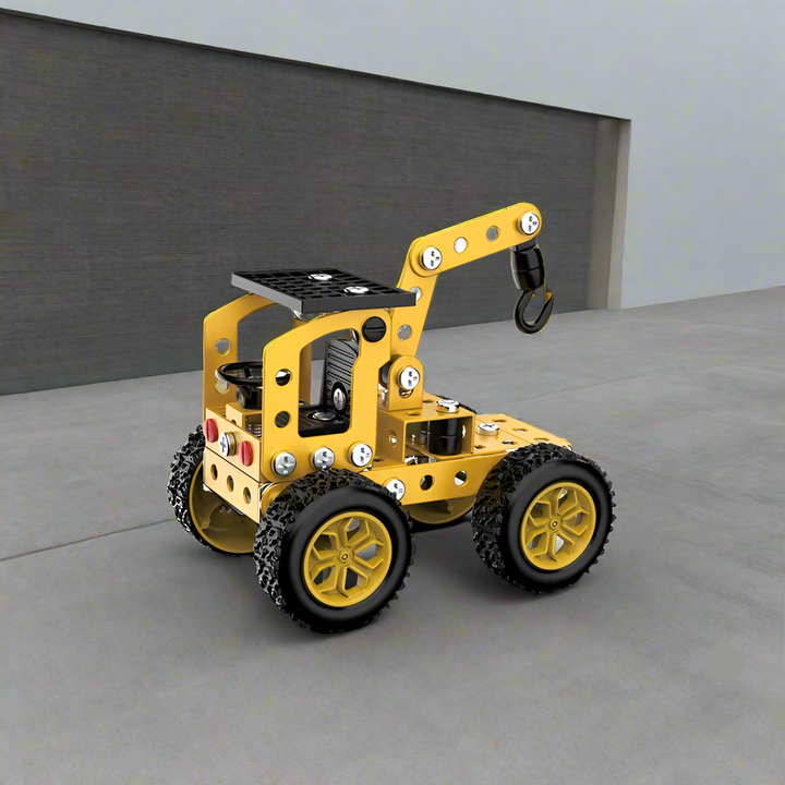 Yellow metal crane truck model with a short lifting arm, black hook, and four wheels