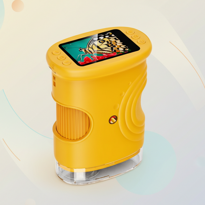 Yellow digital microscope with a side focus wheel and butterfly on the screen