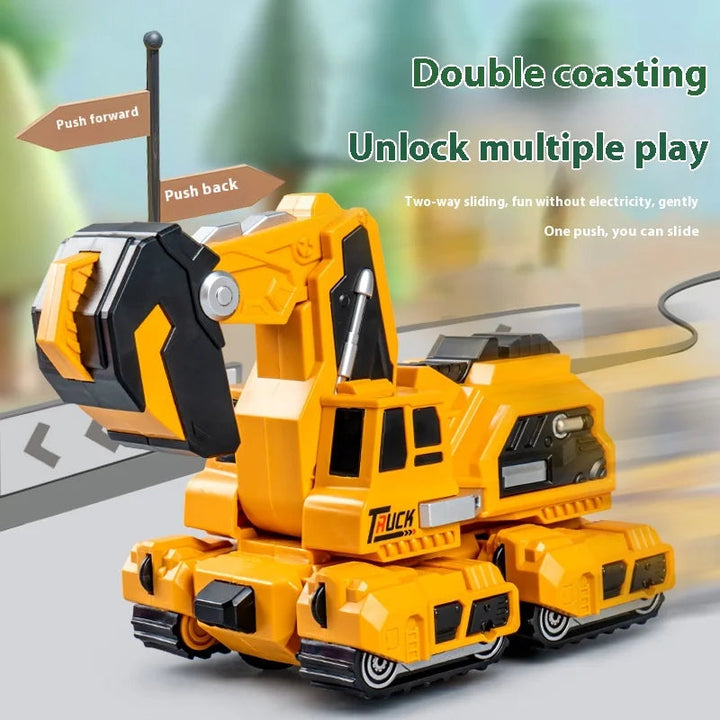 Yellow dinosaur toy car with arrows showing forward and backward rolling