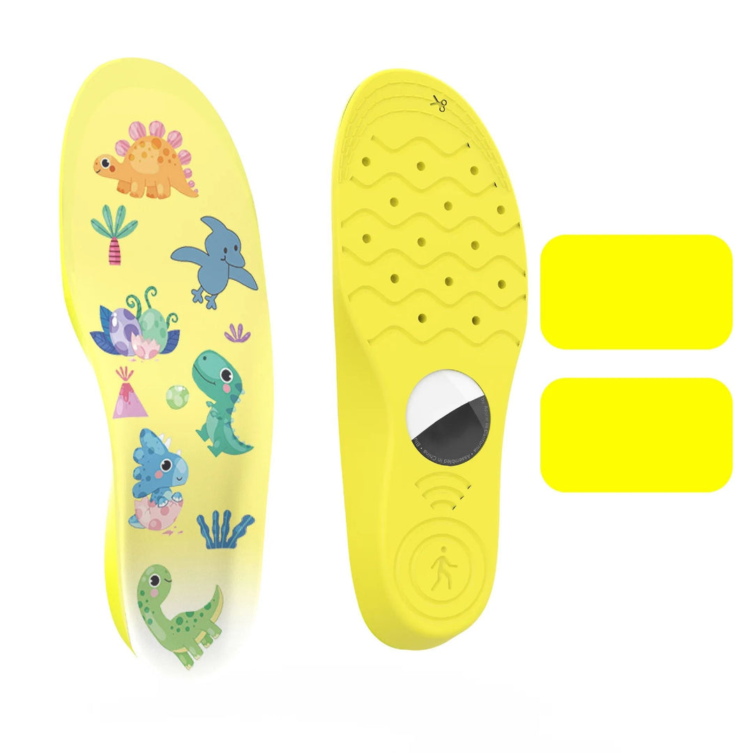 Yellow dinosaur-print AirTag insole shown from both sides with two yellow gel tapes