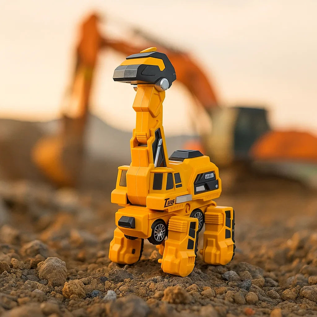 Yellow transforming dinosaur car in upright dinosaur form on rocky ground
