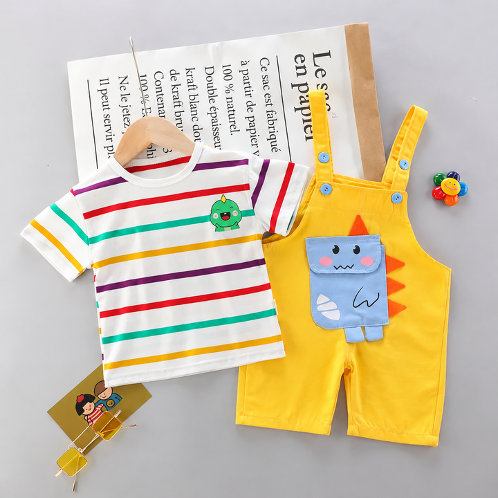 Striped short-sleeve T-shirt beside yellow overalls with a blue dinosaur detail