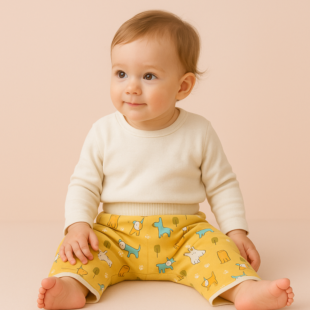 Seated child wearing yellow dog-print training pants and a cream top