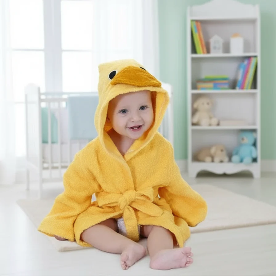 Baby wearing a yellow duck bathrobe with a beak-shaped hood and a tied waist