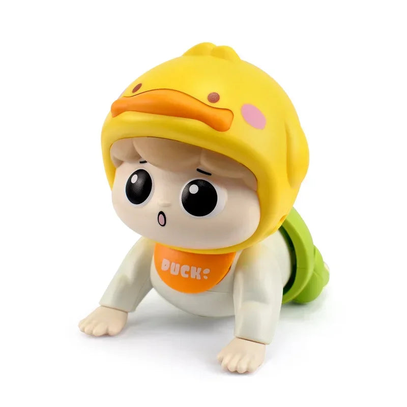 Yellow duck-themed crawling doll with green pants and an orange bib