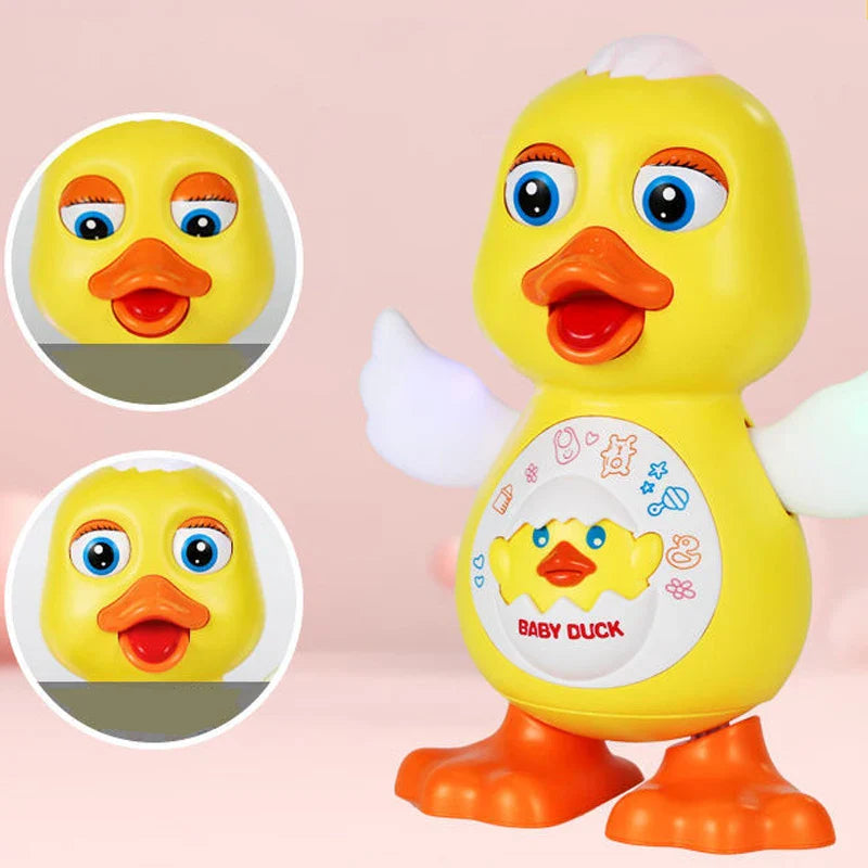 Yellow duck toy with white wings, orange feet, and close-ups showing different eye expressions