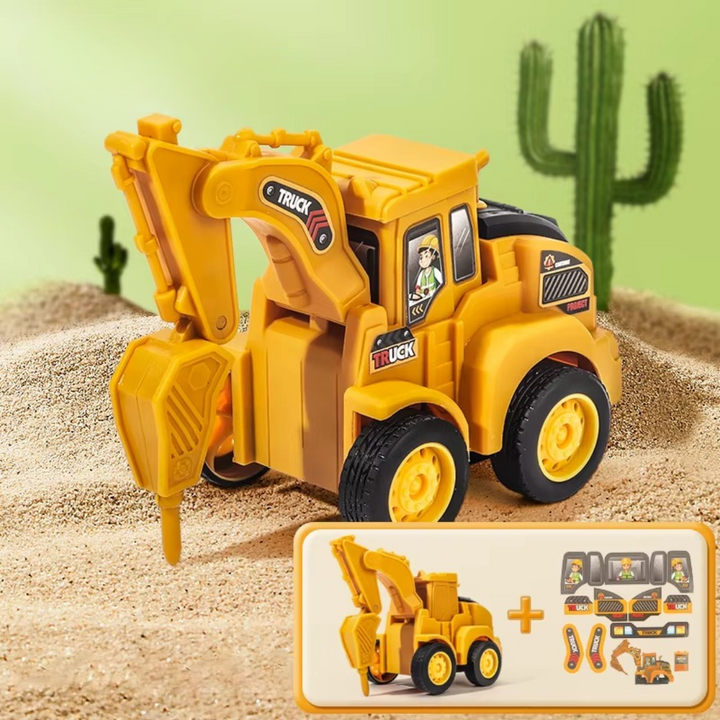 Yellow toy earthmover with a pointed front attachment and a sticker sheet