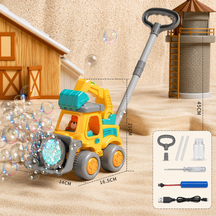 Yellow excavator bubble cart with handle, size measurements and accessory inset.