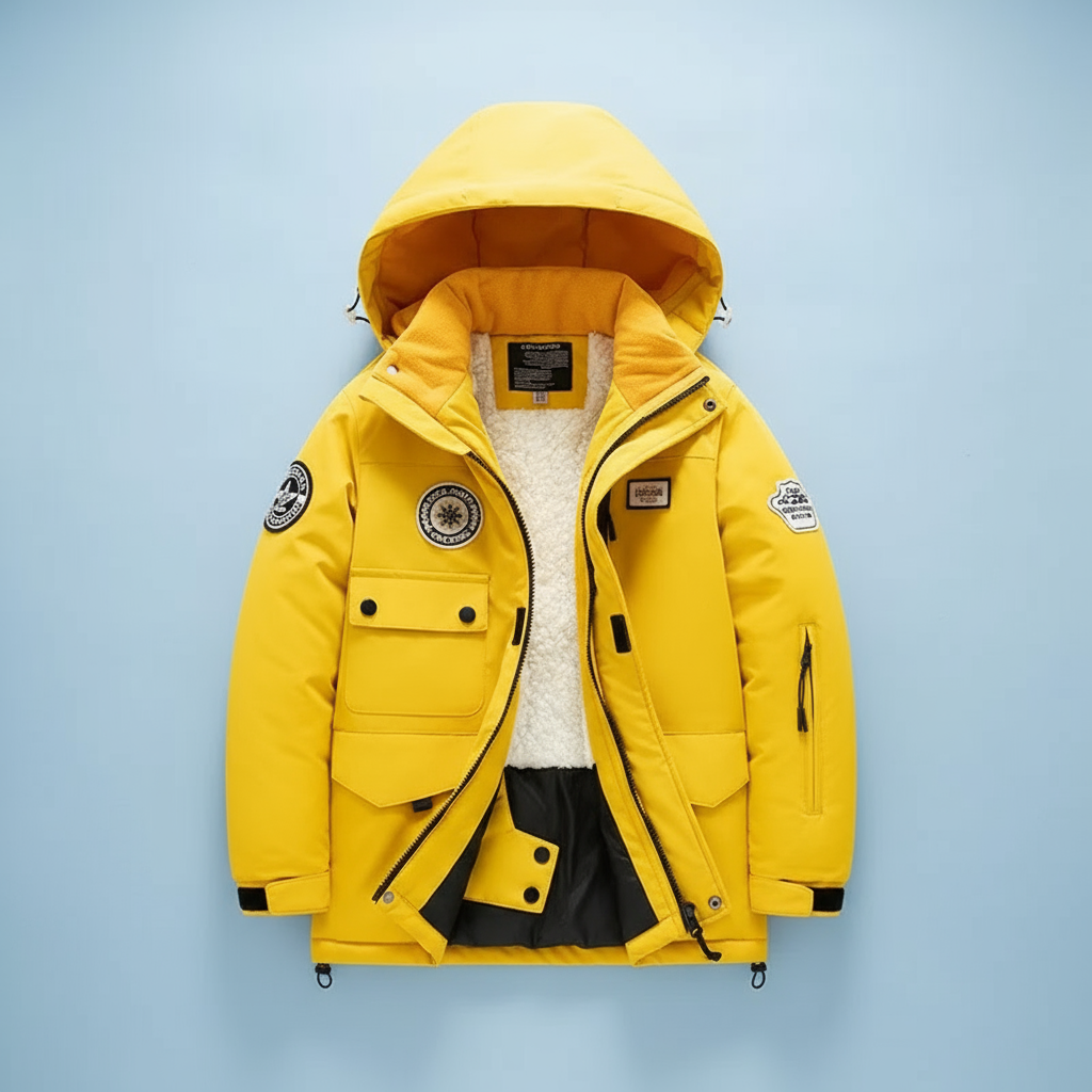 Yellow hooded ski jacket with white fleece lining and front pockets