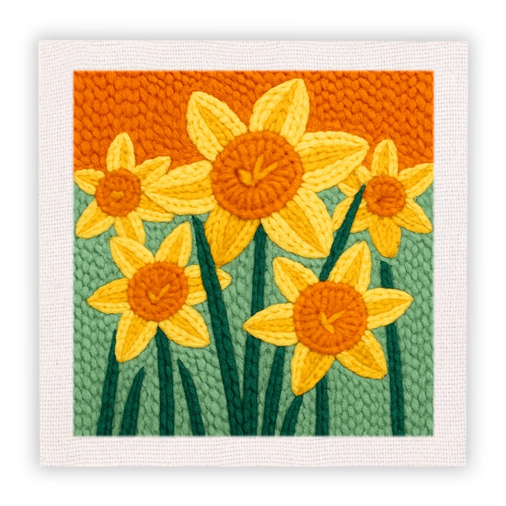 Yellow flowers with green stems in a square embroidery design.