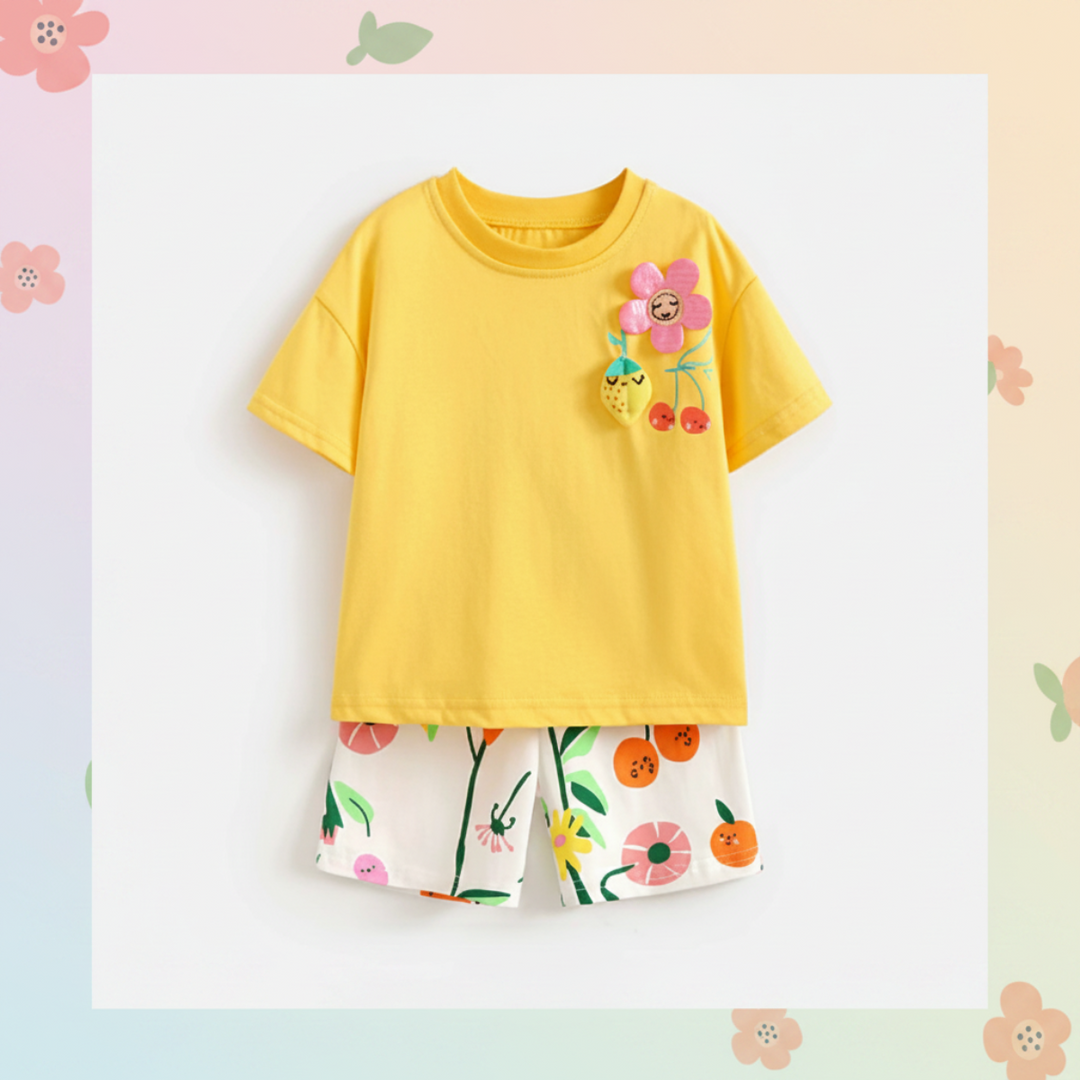 Yellow flower-detail T-shirt with white botanical-print shorts