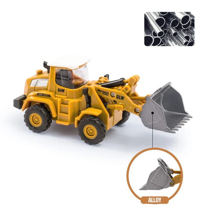 Yellow front loader toy with a gray bucket and a close-up of the bucket detail