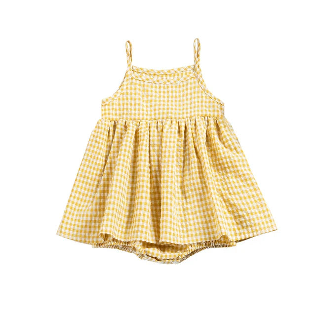 Yellow and white gingham baby dress romper with shoulder straps and an attached romper bottom