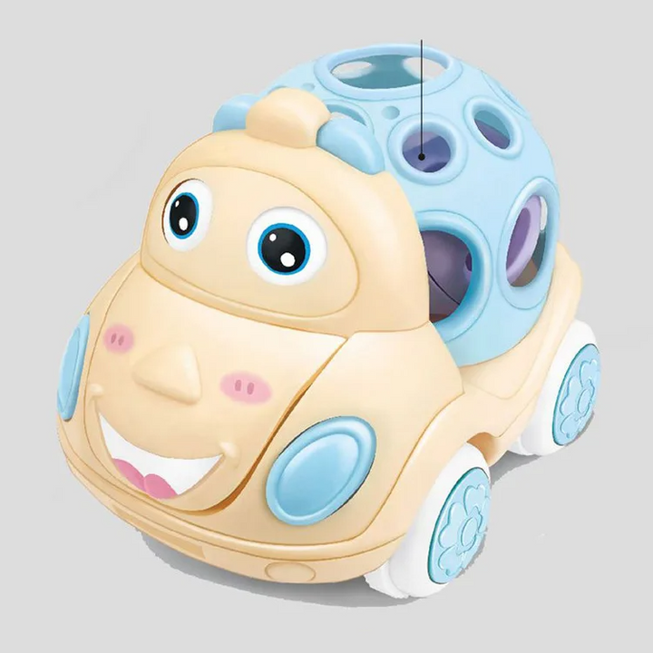 Yellow hippo toy car with a blue open top and white wheels